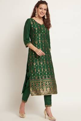 Dark Green Woven Silk Blend  Kurta pant  with Dupatta Set 3