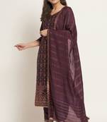 Dark Wine Woven Silk Blend Women's Kurta, Pyjama & Dupatta Set