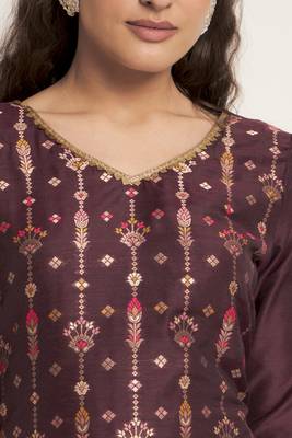 Dark Wine Woven Silk Blend Women's Kurta, Pyjama & Dupatta Set 4