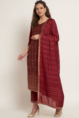 Dark Maroon Woven Silk Blend  Kurta pant  with Dupatta Set 1