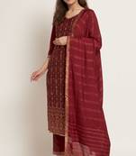 Dark Maroon Woven Silk Blend Women's Kurta, Pyjama & Dupatta Set
