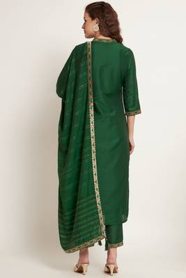 Dark Green Woven Silk Blend  Kurta pant  with Dupatta Set 2