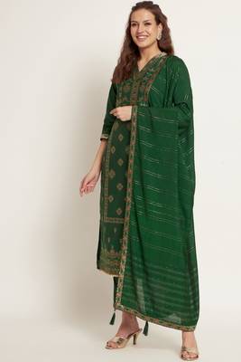 Dark Green Woven Silk Blend  Kurta pant  with Dupatta Set 1