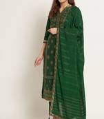 Dark Green Woven Silk Blend  Kurta pant  with Dupatta Set