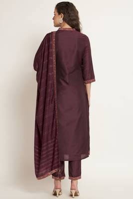 Dark Wine Woven Silk Blend  Kurta pant  with Dupatta Set 2