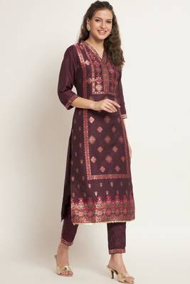 Dark Wine Woven Silk Blend  Kurta pant  with Dupatta Set 3
