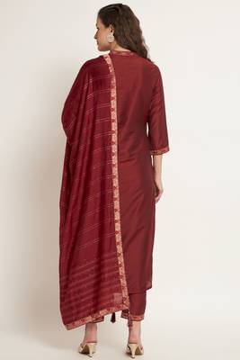 Dark Maroon Woven Silk Blend  Kurta pant  with Dupatta Set 2