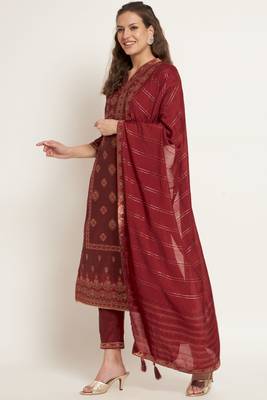 Dark Maroon Woven Silk Blend  Kurta pant  with Dupatta Set 1
