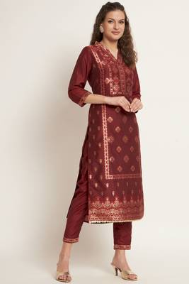 Dark Maroon Woven Silk Blend  Kurta pant  with Dupatta Set 3
