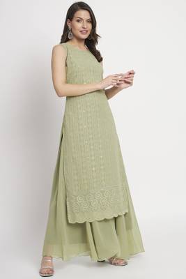 Green Embroidered Georgette  Kurta Palazzo and Dupatta Set 3