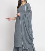 Dusty Grey Embroidered Georgette Women's Kurta,Palazzo and Dupatta Set