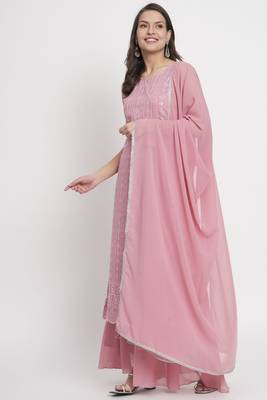 Pink Embroidered Georgette  Kurta Palazzo and Dupatta Set 1