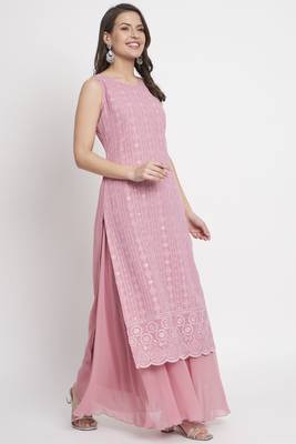Pink Embroidered Georgette  Kurta Palazzo and Dupatta Set 3