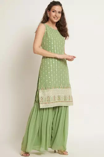 Pista Embroidered Georgette  Kurta pant and Sharara Set