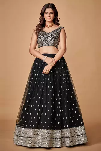 black sequence embroidered net lehenga set choli with dupatta