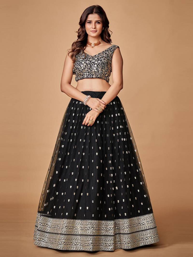 Dazzling Black Sequence Embroidered Net Lehenga Choli