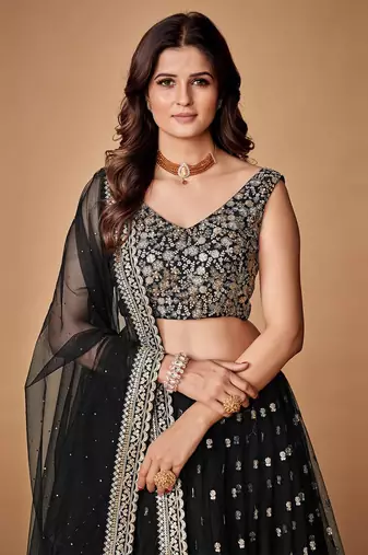 black sequence embroidered net lehenga set choli with dupatta