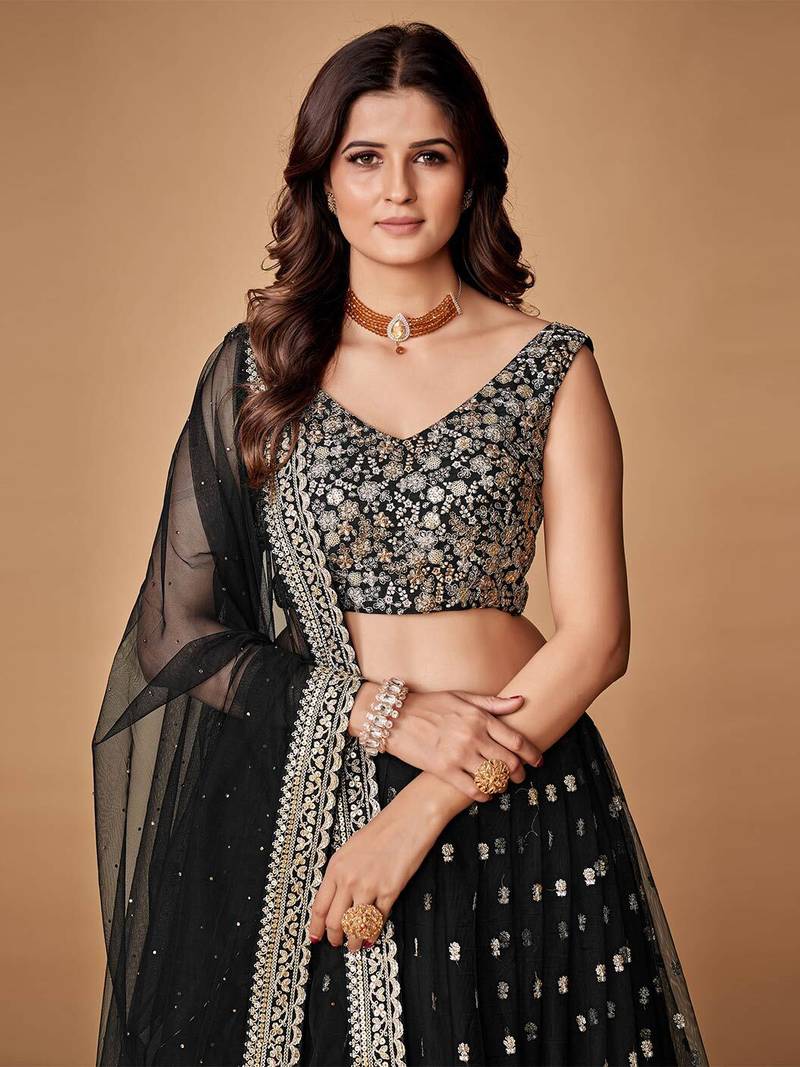 Dazzling Black Sequence Embroidered Net Lehenga Choli