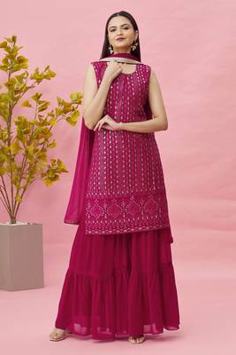 Women's Pink Color Zari And Sequence Embroidered Work Wedding Wear Kurta Sharara Dupatta Set  1