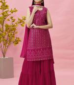 Women's Pink Color Zari And Sequence Embroidered Work Wedding Wear Kurta Sharara Dupatta Set 