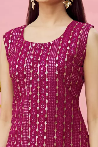 Women's Pink Color Zari And Sequence Embroidered Work Wedding Wear Kurta Sharara Dupatta Set 