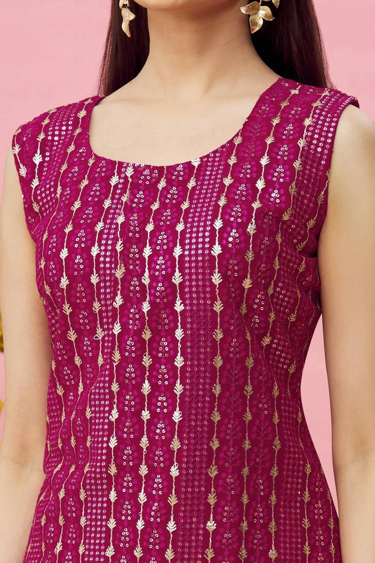 Women's Pink Color Zari And Sequence Embroidered Work Wedding Wear Kurta Sharara Dupatta Set 