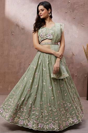 Lime Green Pure Georgette Sequins with heavy Zarkan embroidery Semi-Stitched Lehenga choli & Dupatta