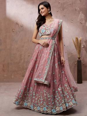 Coral Pure Georgette Sequins with heavy Zarkan embroidery Semi-Stitched Lehenga choli & Dupatta 1