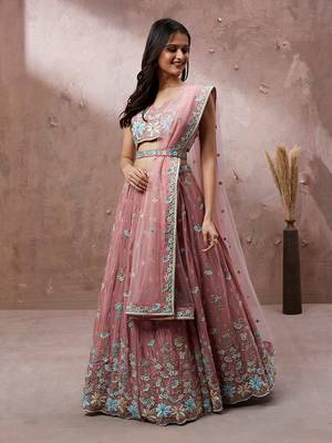 Coral Pure Georgette Sequins with heavy Zarkan embroidery Semi-Stitched Lehenga choli & Dupatta 2