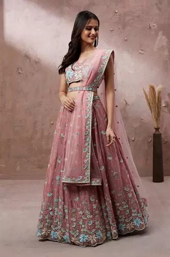 Coral Pure Georgette Sequins with heavy Zarkan embroidery Semi-Stitched Lehenga choli & Dupatta