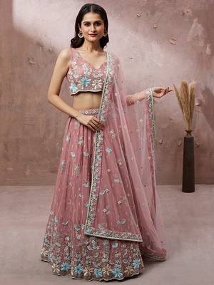 Coral Pure Georgette Sequins with heavy Zarkan embroidery Semi-Stitched Lehenga choli & Dupatta 3