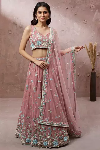 Coral Pure Georgette Sequins with heavy Zarkan embroidery Semi-Stitched Lehenga choli & Dupatta