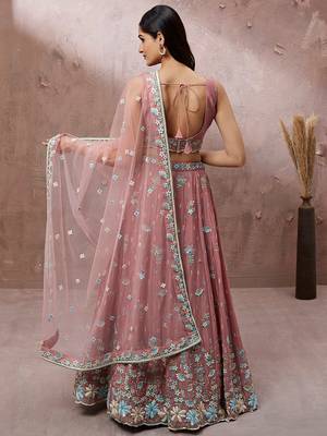 Coral Pure Georgette Sequins with heavy Zarkan embroidery Semi-Stitched Lehenga choli & Dupatta 4