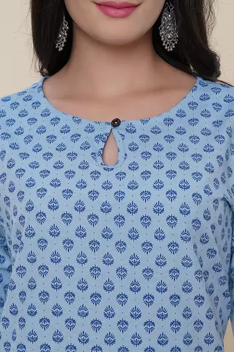 Anushil women cotton butti printed degisn 3/4th sleeves round keyhole neck with button kurti