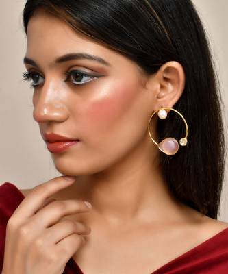 Pink rose quartz stone hoop earrings for women 1