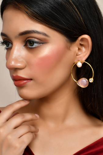 Pink rose quartz stone hoop earrings for women