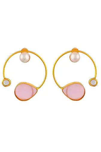 Pink rose quartz stone hoop earrings for women