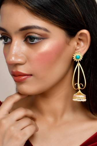 Gold plated turquoise long jhumka earrings