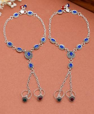 Oxidised silver anklet with chained double toe ring 2