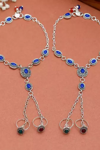Oxidised silver anklet with chained double toe ring