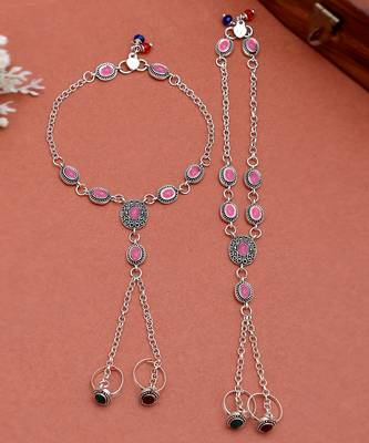 Oxidised silver plated anklet with chained double toe ring 2