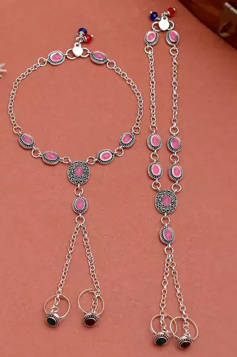 Oxidised silver plated anklet with chained double toe ring
