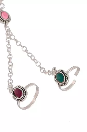 Oxidised silver plated anklet with chained double toe ring