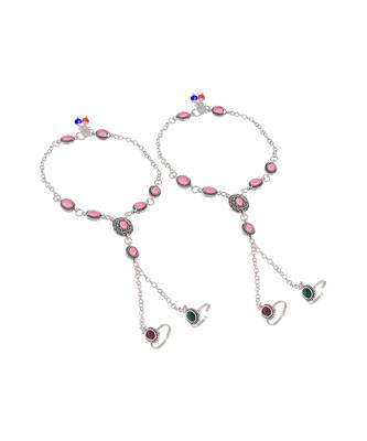 Oxidised silver plated anklet with chained double toe ring 5