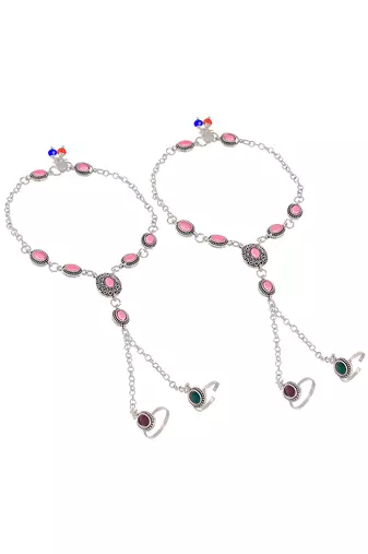 Oxidised silver plated anklet with chained double toe ring