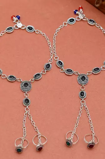 Oxidised silver chain anklet with toe rings