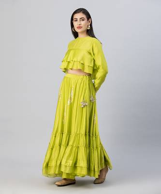 Lime green bohemian lehenga skirt set 2