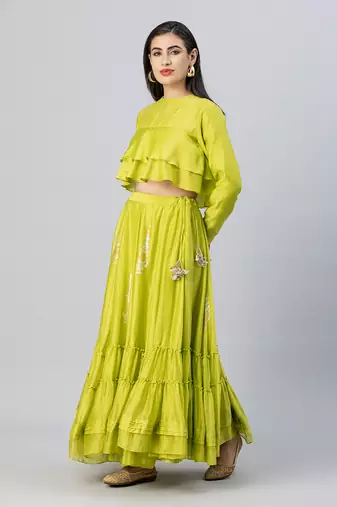 Lime green bohemian lehenga skirt set