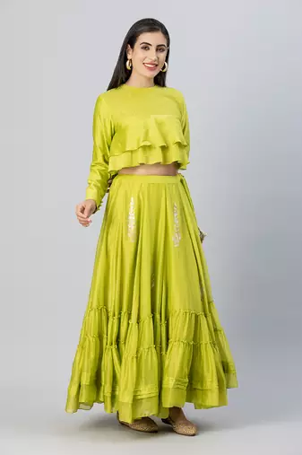 Lime green bohemian lehenga skirt set