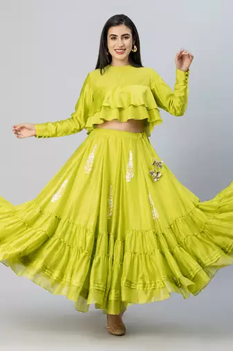 Lime green bohemian lehenga skirt set